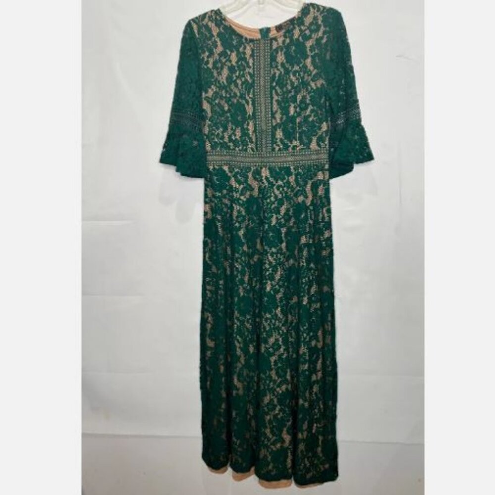 Miss May Woman’s Dress M Green Lace over Beige Lining Maxi Flutter Sleeve Retro